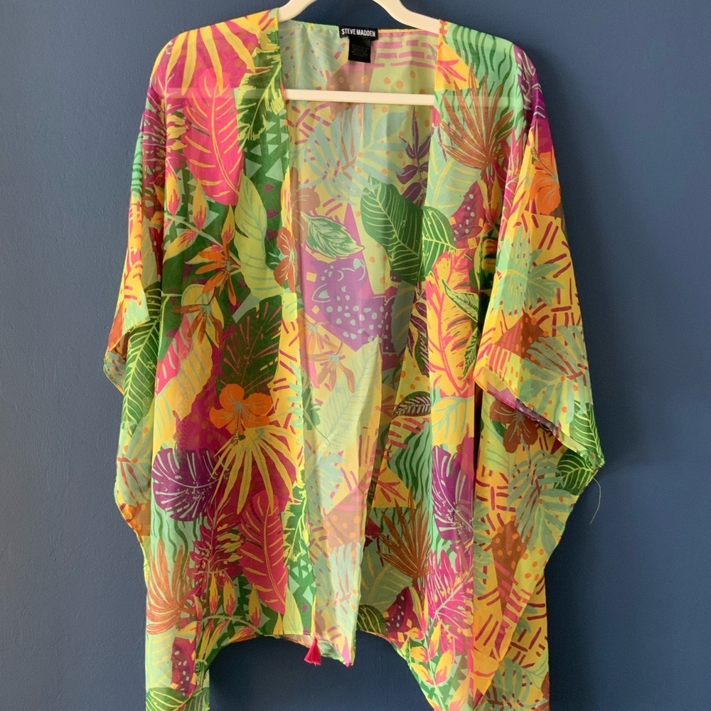 Steve Madden Kimono swim cover up Tropical Print Sheer with tassels size OS